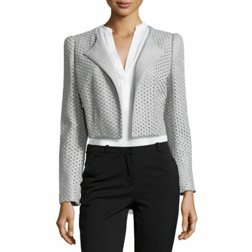 Escada Briddie Wool Eyelet Gray Blazer With Pockets Women's Size Euro 38